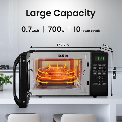 Skiennix 0.7 Cu Ft Microwave Oven - Compact Black Design with Digital Display & 10 Power Levels | Ideal for Dorms & Offices