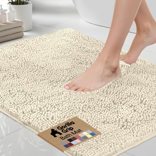GORILLA GRIP Bath Rug Mat 44x26, Soft Absorbent Chenille, Quick Dry Microfiber Mats, Rubber Backing Washable Shower Floor Rugs, Bathmat Runner, US Designed Bathroom Home Decor Accessories Ivory Cream