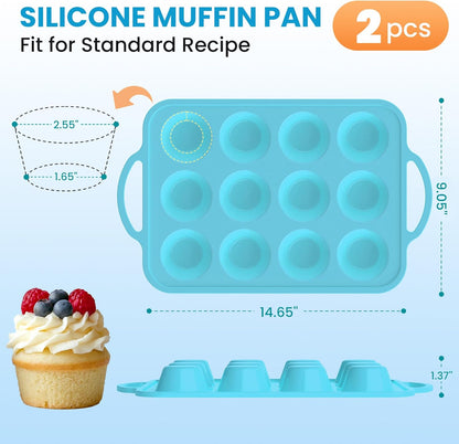 Skiennix Silicone Muffin Pan - 12-Cup BPA-Free Baking Tray with Metal Reinforced Frame | Blue