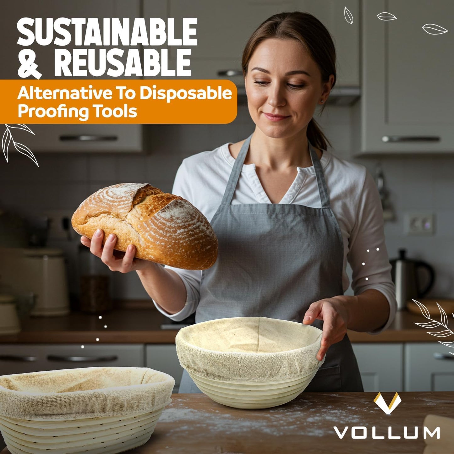 Vollum Banneton Bread Proofing Basket - Handwoven Rattan Cane for Artisan Sourdough | 8.5 x 3 In, 1-Pound Round