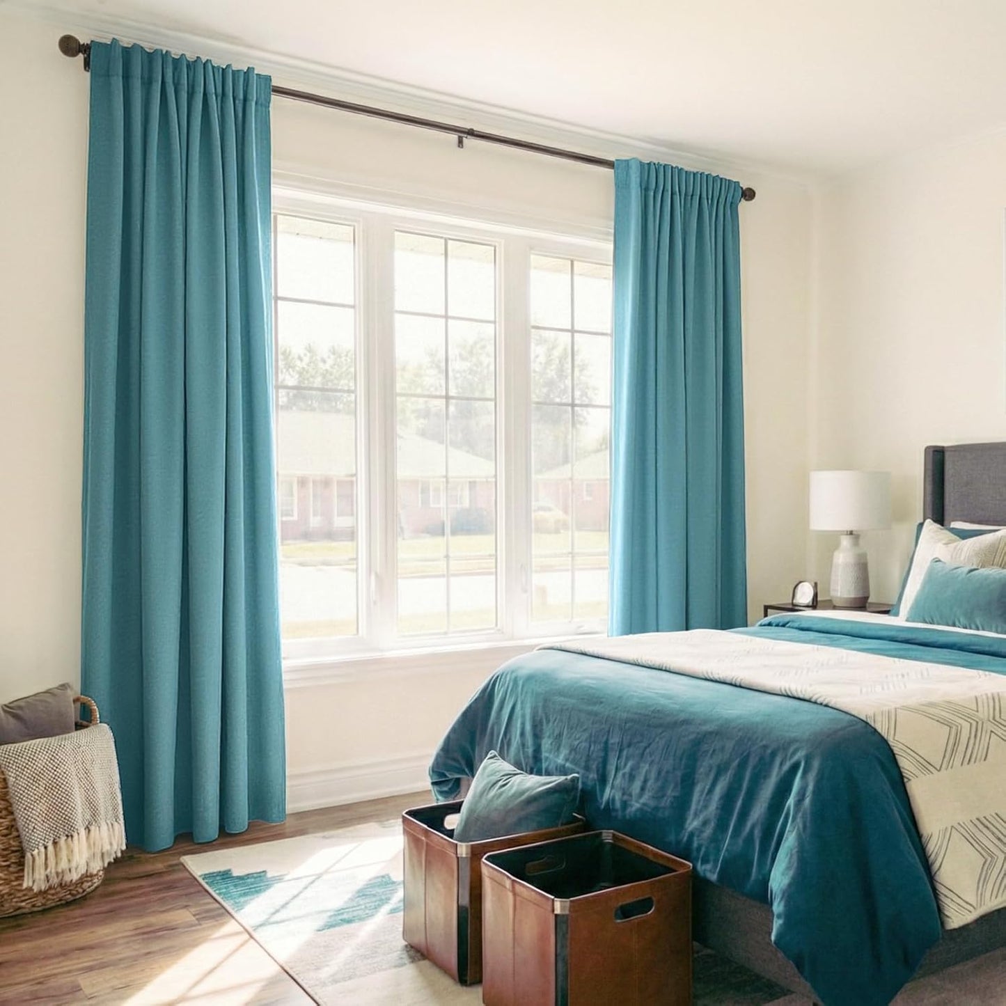Skiennix 100% Blackout Linen Curtains - Thermal Insulated Drapes, 2 Panels Set, 50" W x 84" L, Dark Cyan