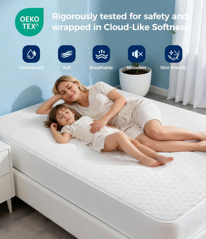 Skiennix Waterproof Mattress Protector - Soft Breathable Twin Size Pad with Deep Pocket | Noiseless Cooling Cover, White