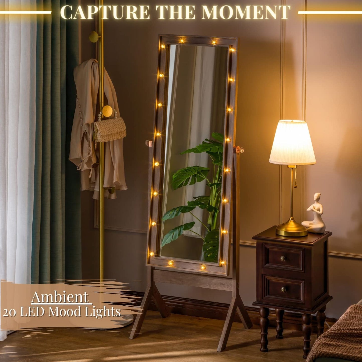 LUXFURNI Floor & Full Length Mirrors, Large Free Standing Body Mirror with Lights, Tall Cheval Mirror for Bedroom (Rustic Brown)