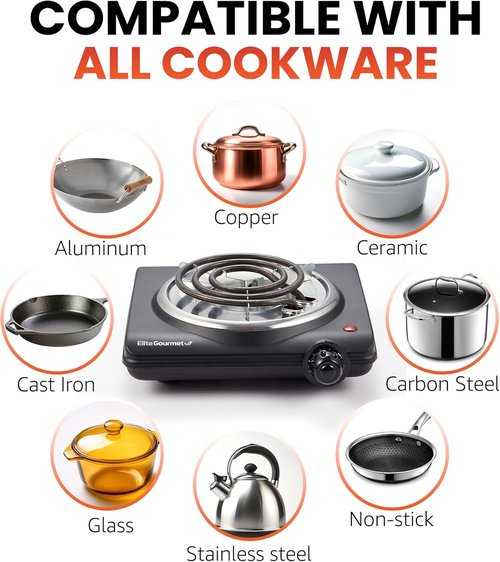 Elite Gourmet Electric Hot Plate - Single Coiled Burner with Temperature Control | Easy to Clean, Black