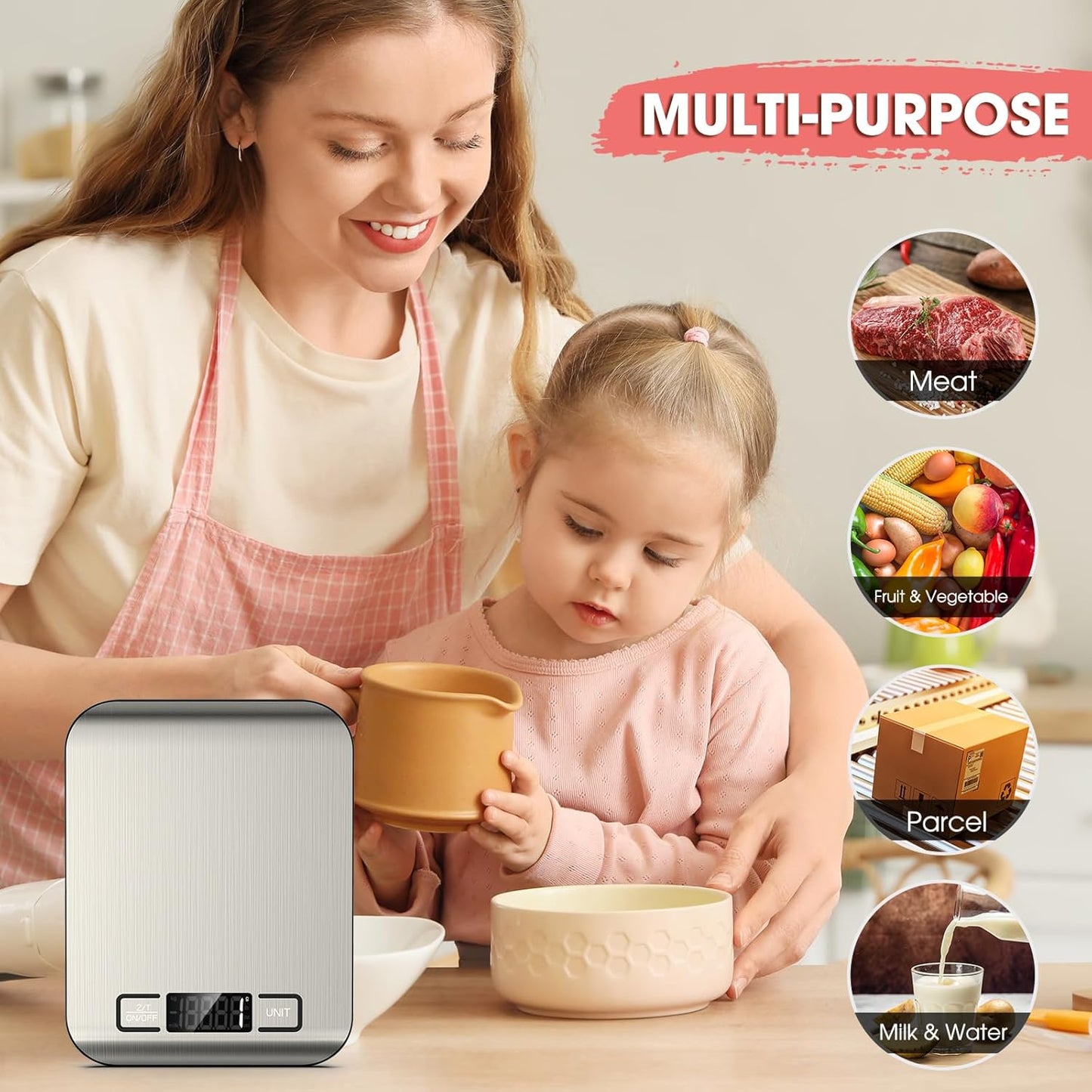 Mik-Nana Digital Kitchen Scale - 22lb Capacity for Accurate Weight in Grams & Ounces | Easy Clean Stainless Steel