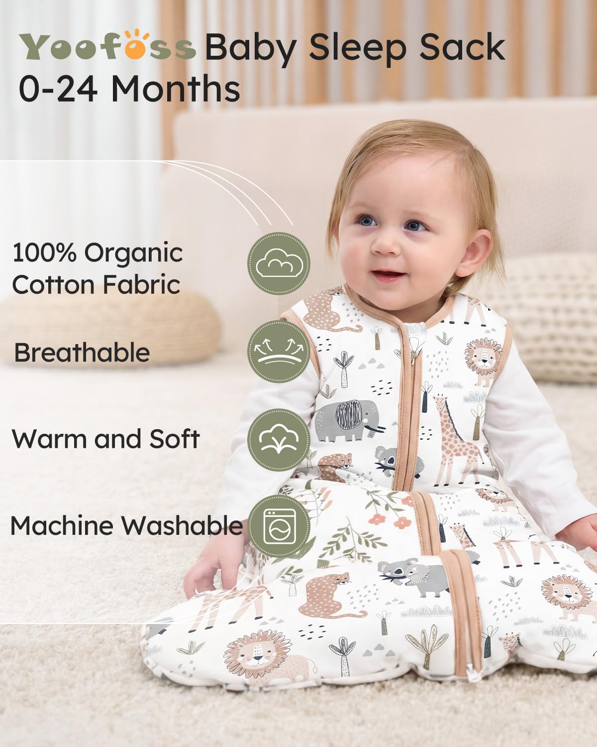 Yoofoss Baby Sleep Sack - 1.5 Tog Wearable Blanket for 18-24 Months | 100% Organic Cotton, Warm & Comfy