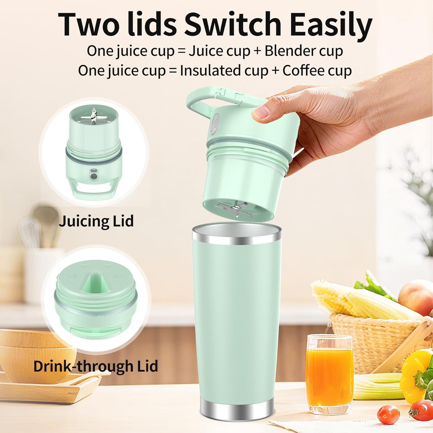 Skiennix Portable Blender - 24oz Insulated Cup, Cordless & USB-C Rechargeable, BPA Free - Green