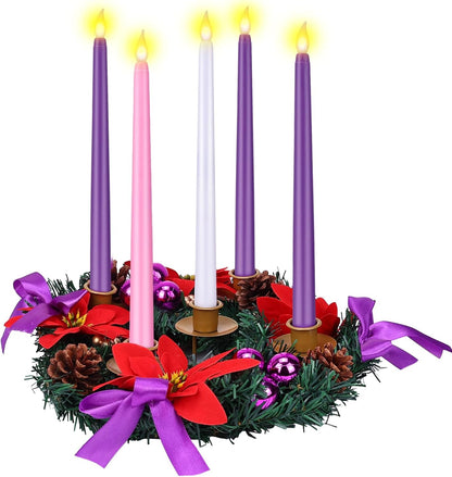 Skiennix 11-Inch Christmas Advent Wreath - 5 Flameless Taper Candles with Pine Cones & Poinsettias