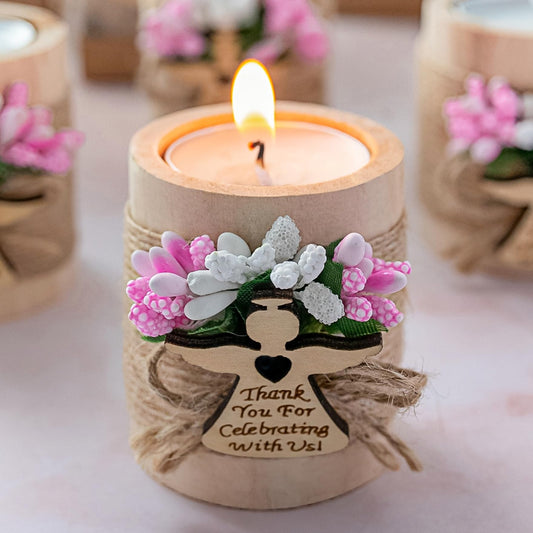 Ju's Favors Pack of 10 Wood Tealight Candle Holder,Baptism Gifts for Girl, Communion Favors for Guests, First Communion Gift, (Light-pink angel)