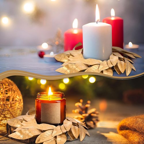 Domensi Gold Bay Leaf Candle Rings - 2 Pcs Rustic Candleholders for 3.9 Inch Pillar Candles | Christmas Decor