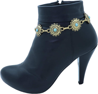 Skiennix Women's Western Antique Metal Boot Chain Anklet - Turquoise Blue Bead Flower Charm