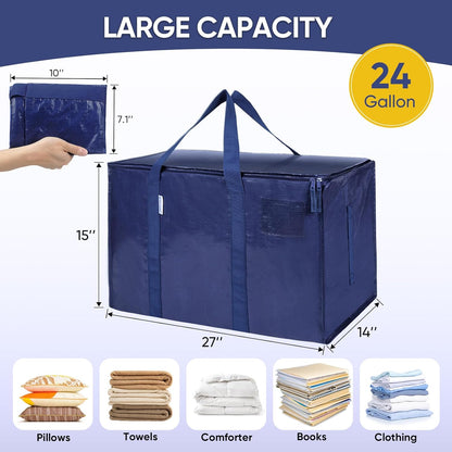 TICONN Extra Large Heavy-Duty Moving Bags - Durable Zippered Storage Bags with Handles | 6 Pack, Navy