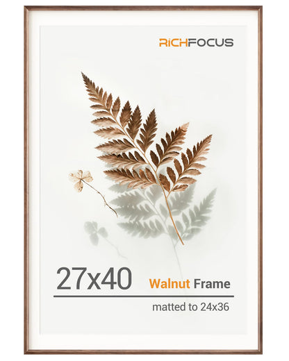 RICHFOCUS 27x40 Poster Frame Matted to 24x36 Photo USA-Sourced Natural Walnut Wood 27 by 40 Picture Frame with Tempered Glass - Gallery Wall Mount Display Artwork