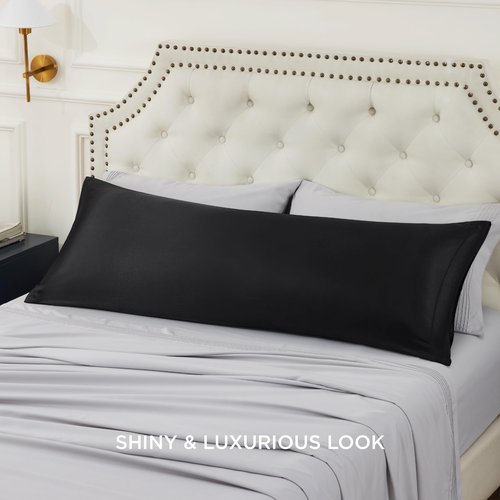 Bedsure Body Pillow Pillowcase - Cooling and Silky Long Body Pillow Covers with Envelope Closure, Satin Similar to Silk Pillowcase for Hair and Skin,Black,20x54 Inches