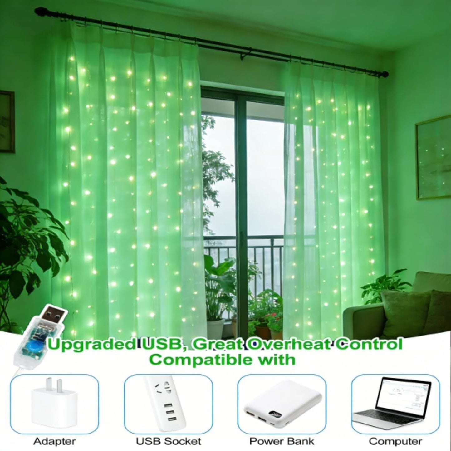 Skiennix 300 LED Fairy Curtain Lights - 9.8 x 9.8FT Green USB Plug with Remote & 8 Modes for Indoor/Outdoor Decor