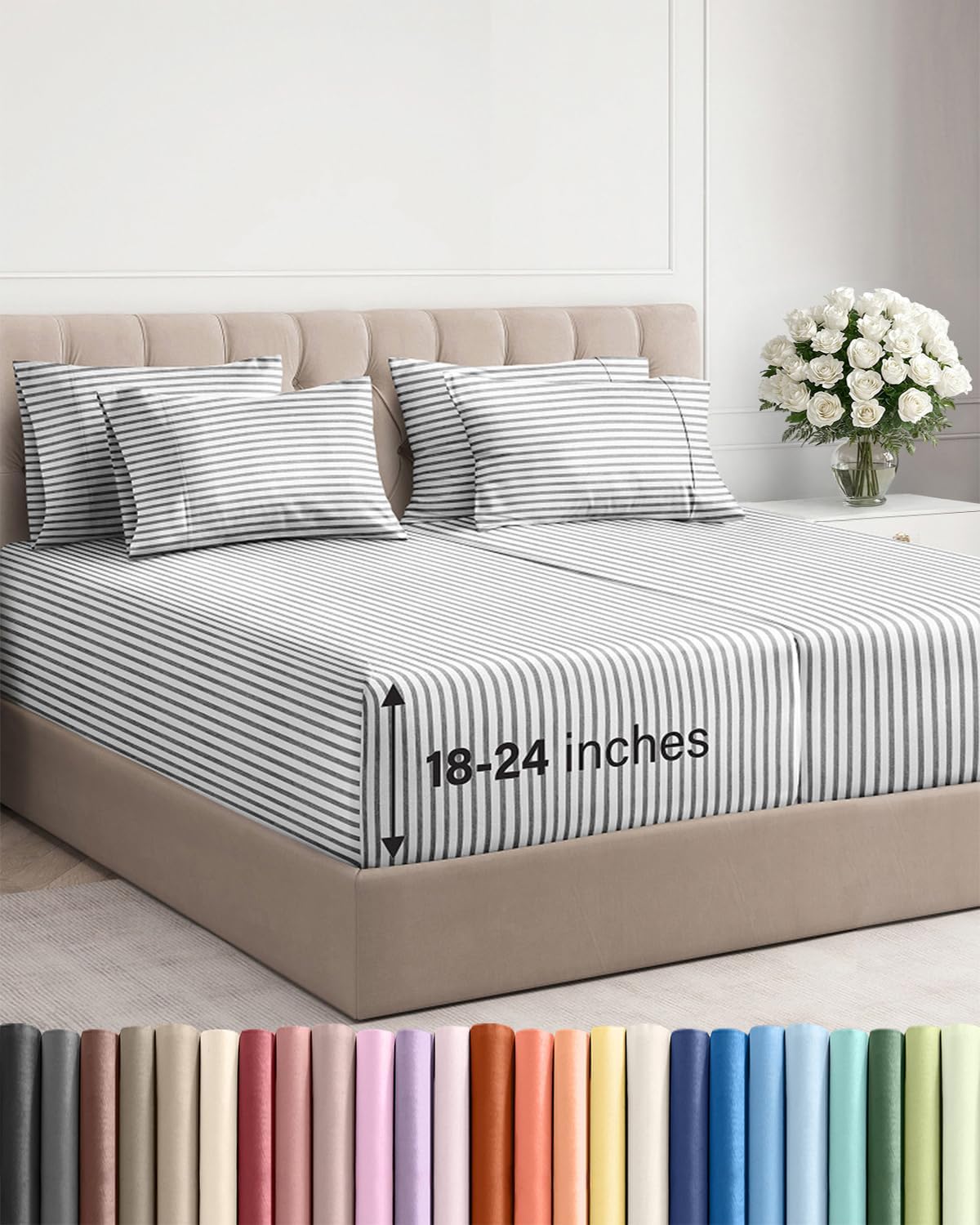Skiennix Extra Deep Split King Sheet Set - 7 Piece Breathable Cooling Bedding - Soft, Wrinkle-Free Grey Stripes