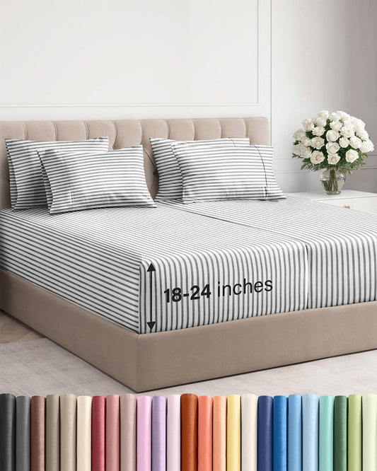 Skiennix Extra Deep Split King Sheet Set - 7 Piece Breathable Cooling Bedding - Soft, Wrinkle-Free Grey Stripes