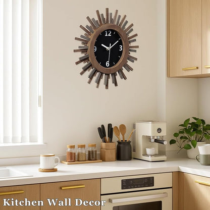 Tricolor 12 Inch Silent Sunburst Rustic Wood Wall Clock - Battery Operated