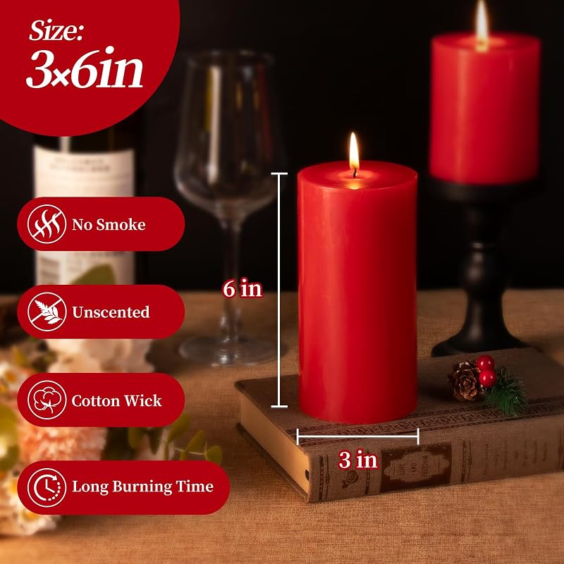 Red Pillar Candles Set of 3 x 6in - Unscented, Smokeless & Dripless 56-Hour Burn Time