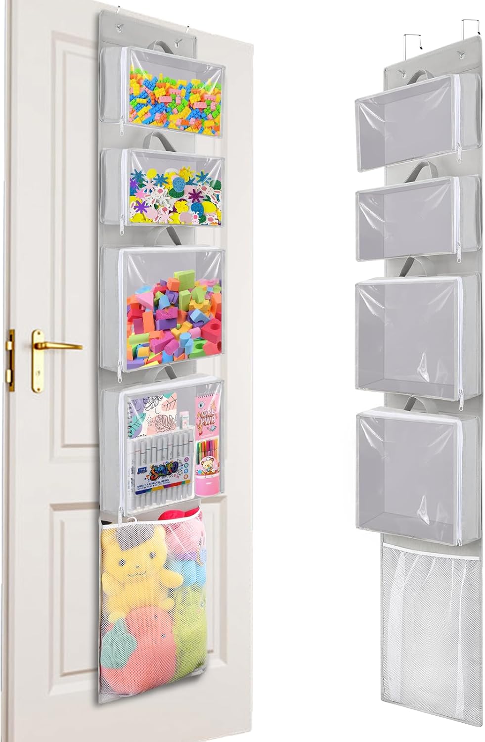Woodoulogy Hanging Toy Storage - Over Door Stuffed Animal Organizer with 4 Removable Bags & Mesh Pocket