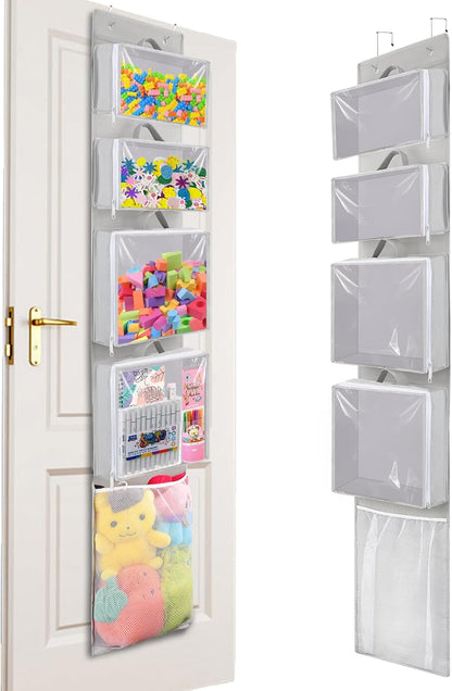Woodoulogy Hanging Toy Storage - Over Door Stuffed Animal Organizer with 4 Removable Bags & Mesh Pocket