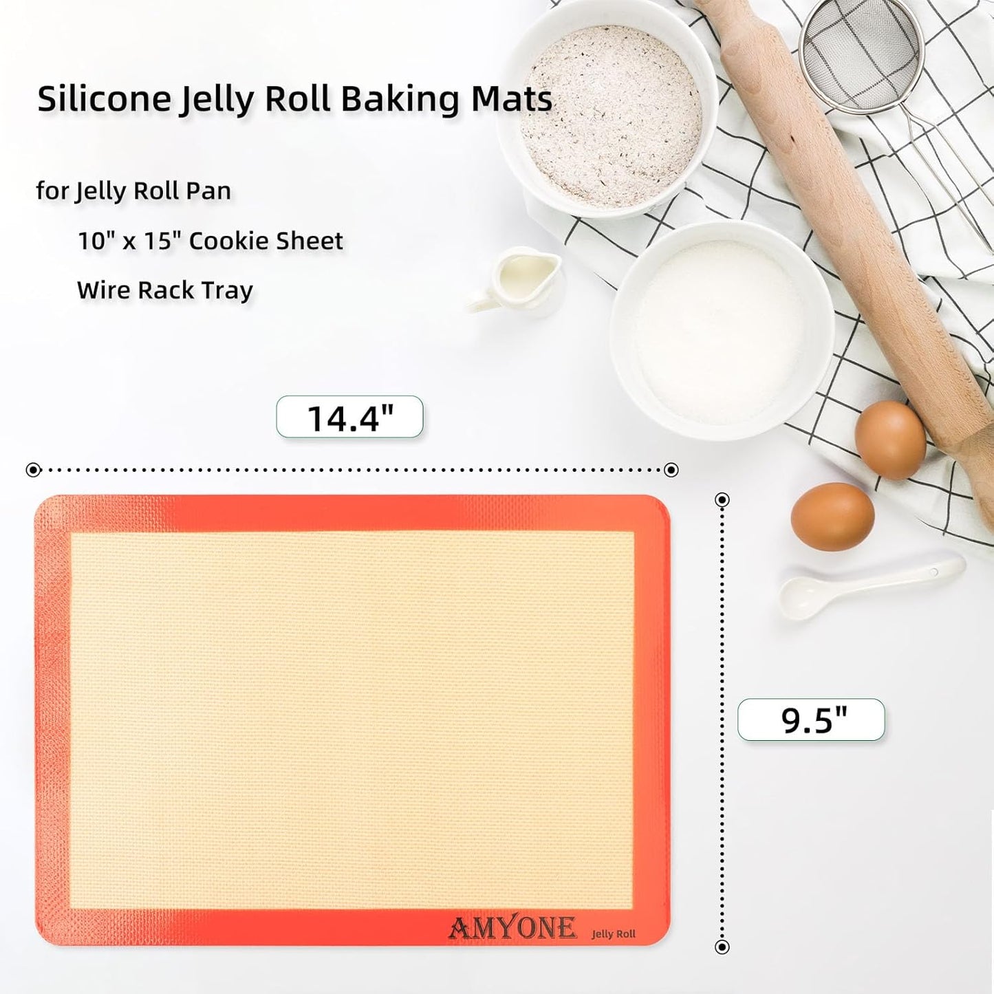 AMYONE Silicone Baking Mat - Non-Stick Food Grade Liners for 10 x 15-Inch Jelly Roll Pans | 2 Pack