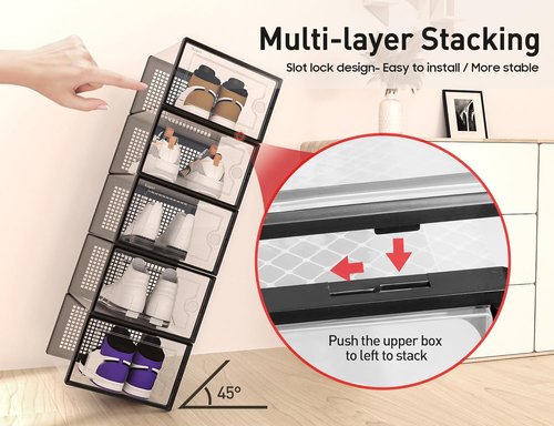 Kuject X-Large Clear Plastic Shoe Storage Boxes - Stackable 12 Pack for Sneakers & Toys | Black