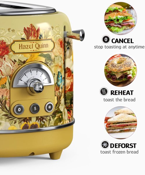 Hazel Quinn Retro 2-Slice Toaster - 6 Browning Levels, Defrost/Reheat/Cancel Functions, Easy Clean Crumb Tray, 1.5" Wide Slots