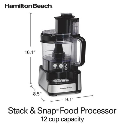 Hamilton Beach Stack & Snap Food Processor and Vegetable Chopper, BPA Free, Stainless Steel Blades, 12 Cup Bowl, 2-Speed 450 Watt Motor, Black (70725A)