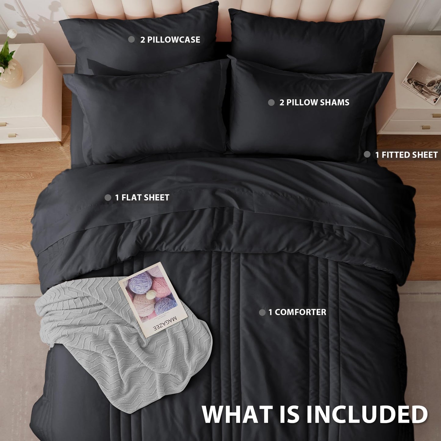 Velorose Queen Comforter Set Black - Bed in a Bag Queen Size 7 Pieces, Soft Bedding Set for All Seasons, Premium Queen Comforter Set with Comforter, Sheets, Pillowcases & Shams