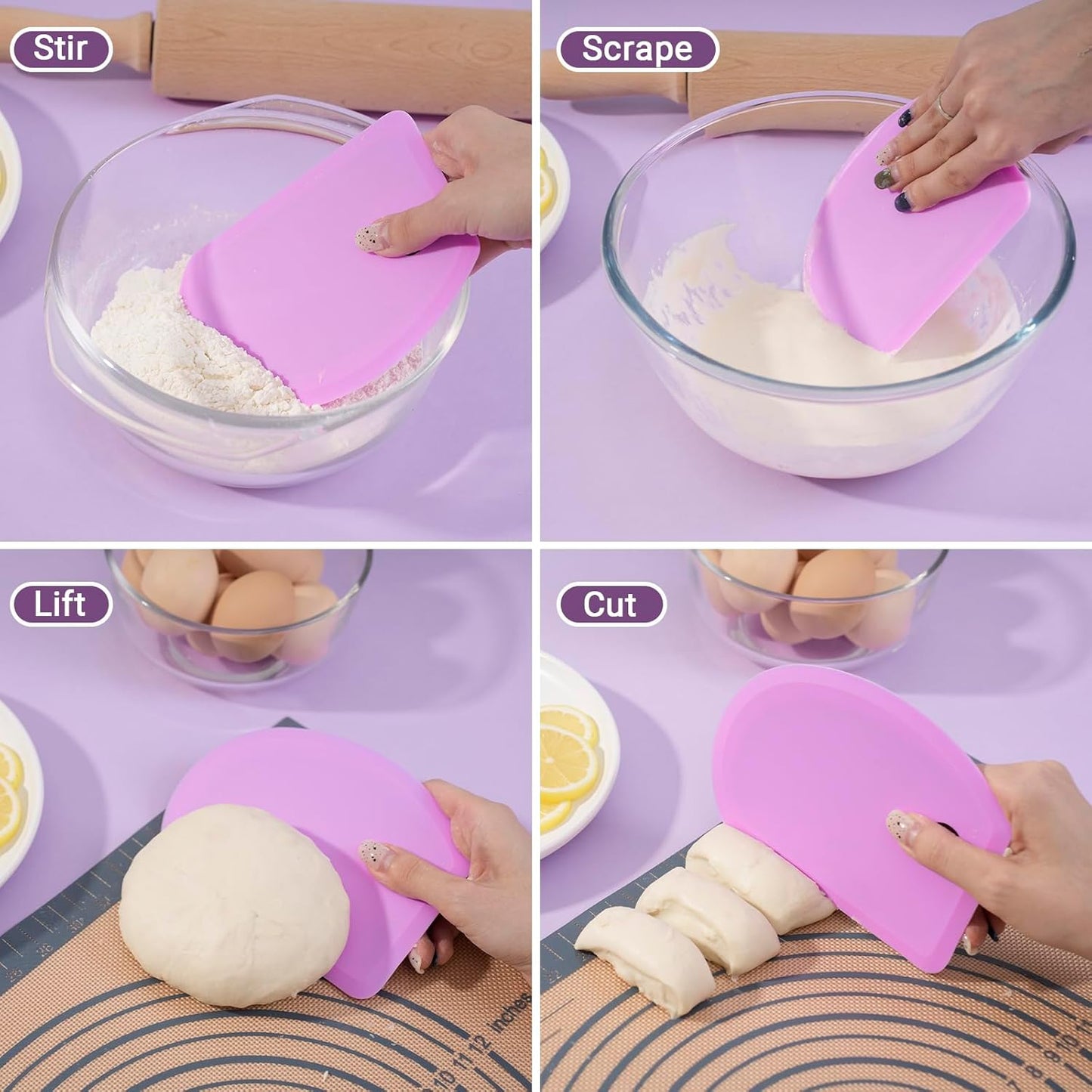 Sapid Silicone Bowl Scraper - Flexible Curved Edge for Baking | Food Grade Dough Scraper (5.98"×4.3", Purple)