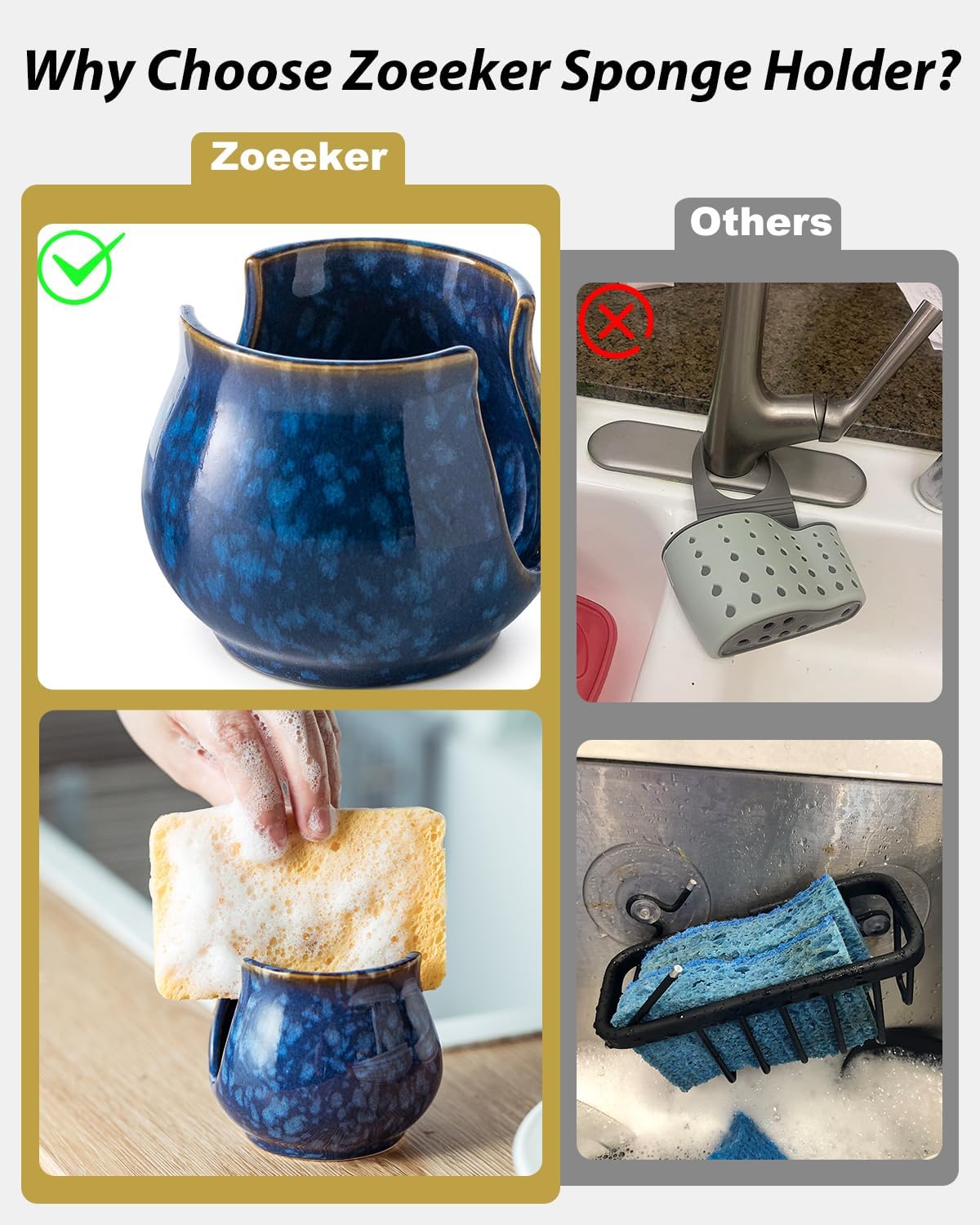 Skiennix Ceramic Sponge Holder - Kitchen Sink Organizer for Scrubbers | Blue Dish Rack