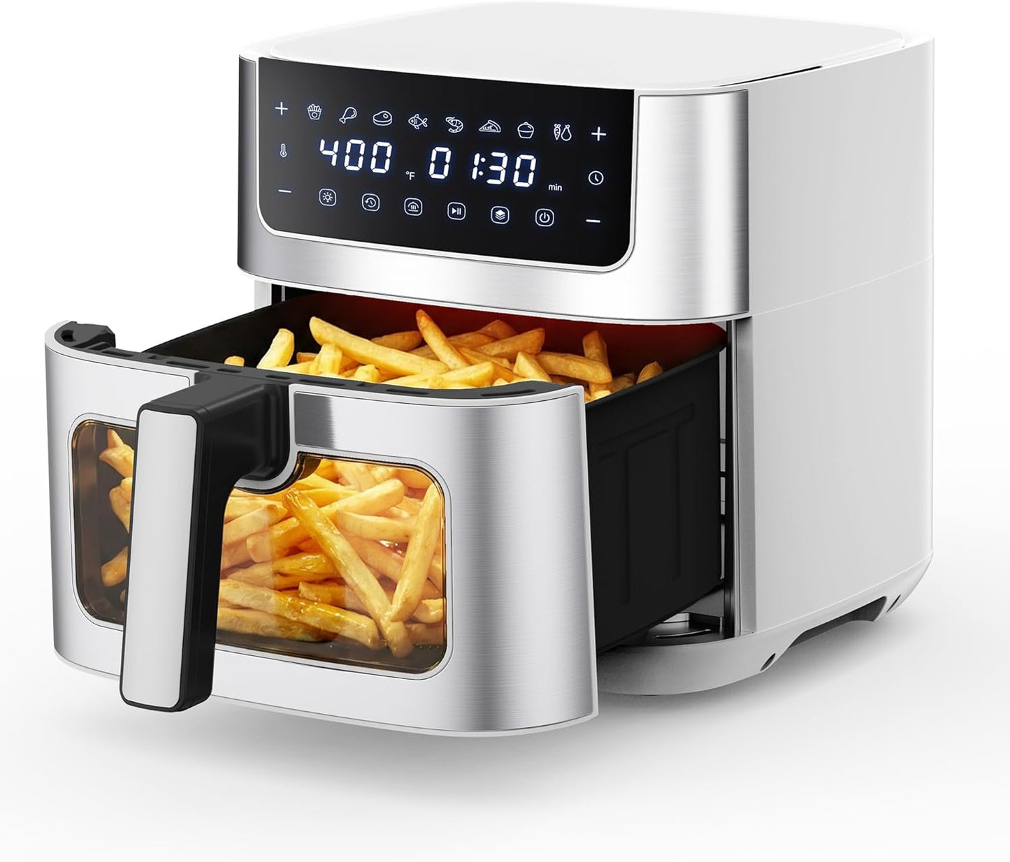 NEWBULIG Air Fryer - 6.34QT with Visible Window & Fast Heating - 8-in-1 Cooking Presets, Stainless Steel, White