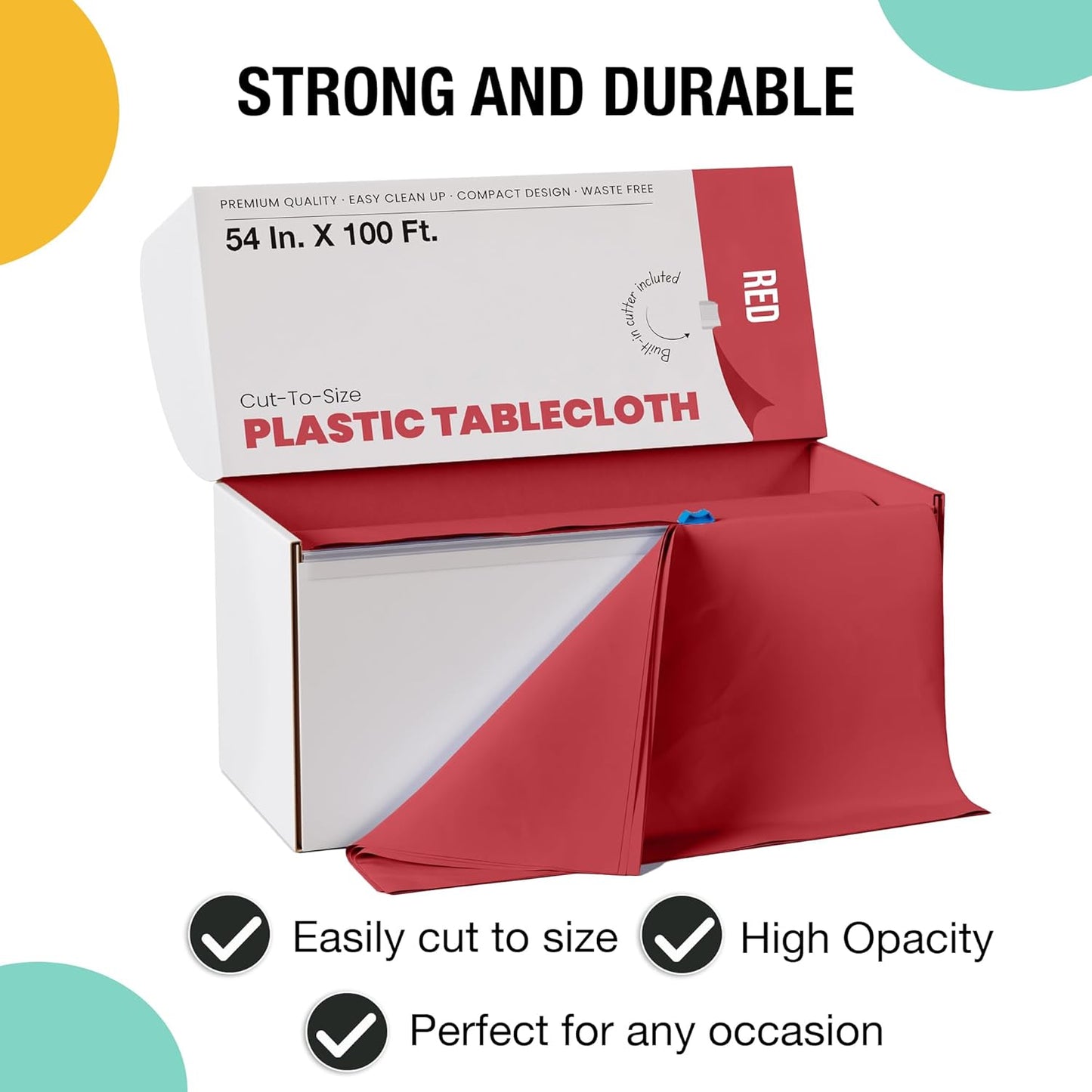 Party Solids Red Plastic Table Cover Roll - 54 Inch x 100 Feet with Slide Cutter | Cuts Up to 12 Tables