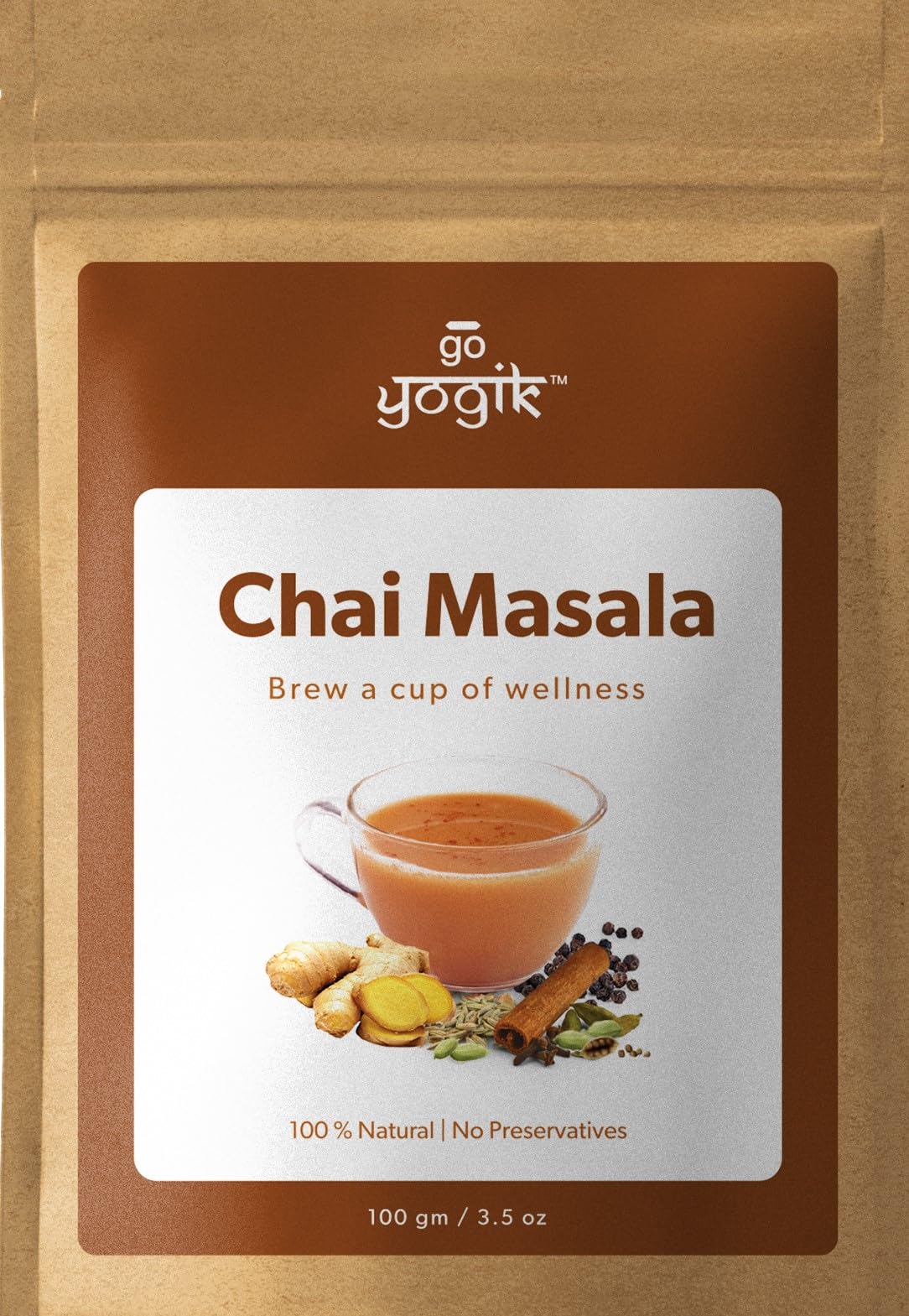 Go-Yogik Chai Tea Masala Spice powder[ 3.5Oz-(80 cups] Authentic Blend of Ginger cinnamon cardamom- Caffiene Free, Vegan, Unsweetened, No tea leaf