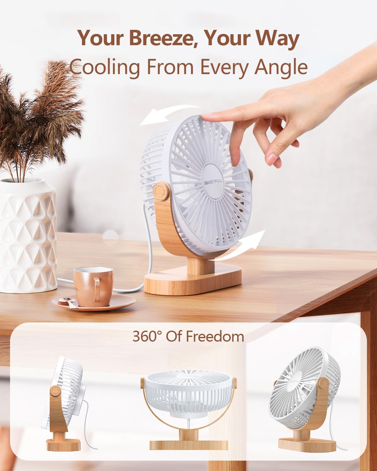 Sweetfull USB Desk Fan - 6.5 Inch Portable Mini Fan with 3 Speeds & 360° Adjustment | Quiet Operation in White Wood Grain