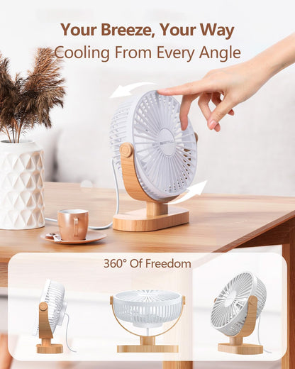 Sweetfull USB Desk Fan - 6.5 Inch Portable Mini Fan with 3 Speeds & 360° Adjustment | Quiet Operation in White Wood Grain