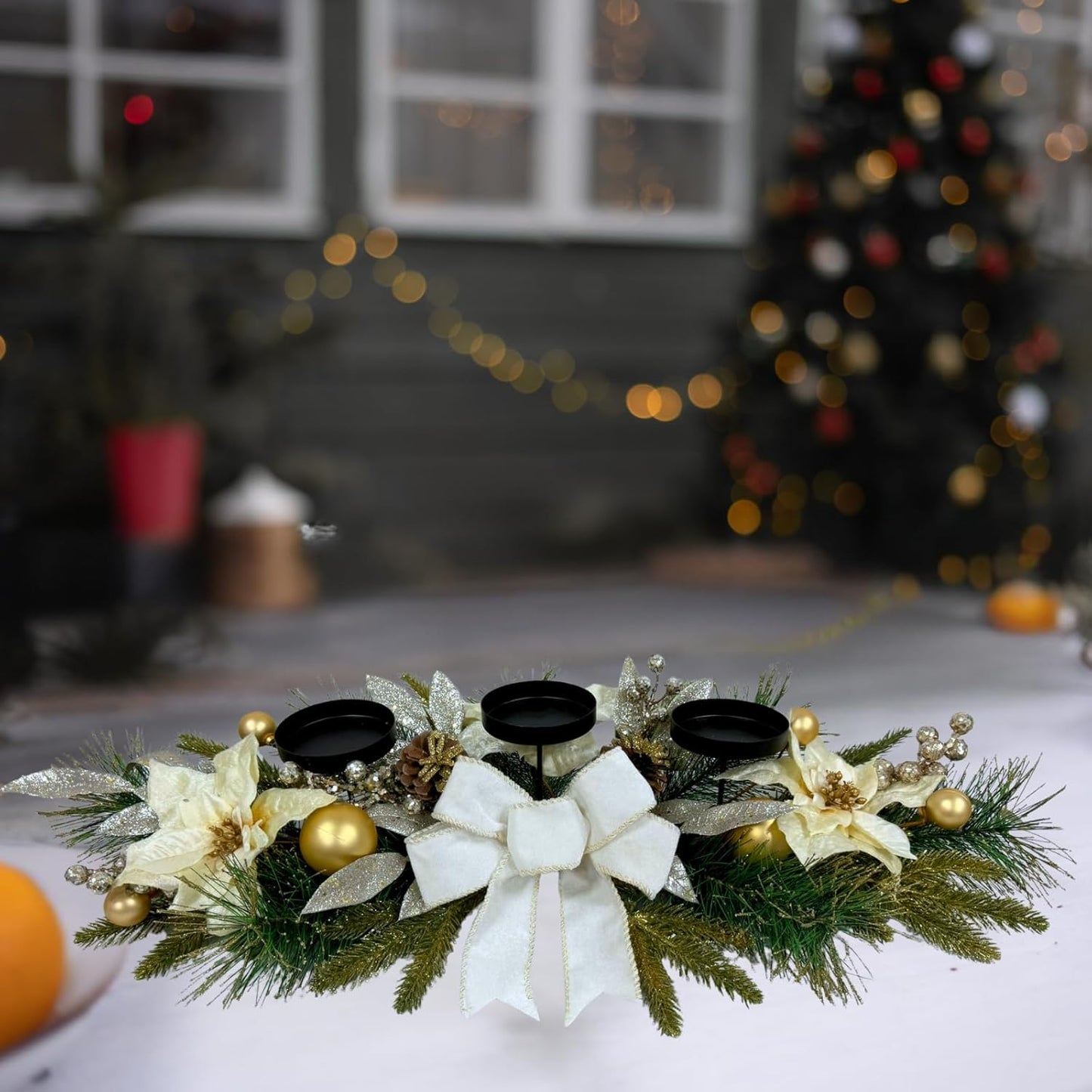 Svndlyn Christmas Candle Holders - Elegant 3-Piece Centerpiece with Poinsettia Flowers & Glitter Pine Branches