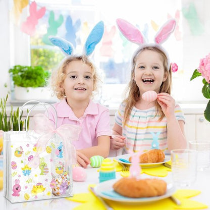 Hosuly 24 Pcs Easter Clear PVC Gift Bags with Handles Plastic Colorful Egg Favor Bags with Ribbon Easter Bunny Candy Goodie Handbags for Spring Birthday Party Supplies, 7.8 x 7.8 x 3.1 Inch