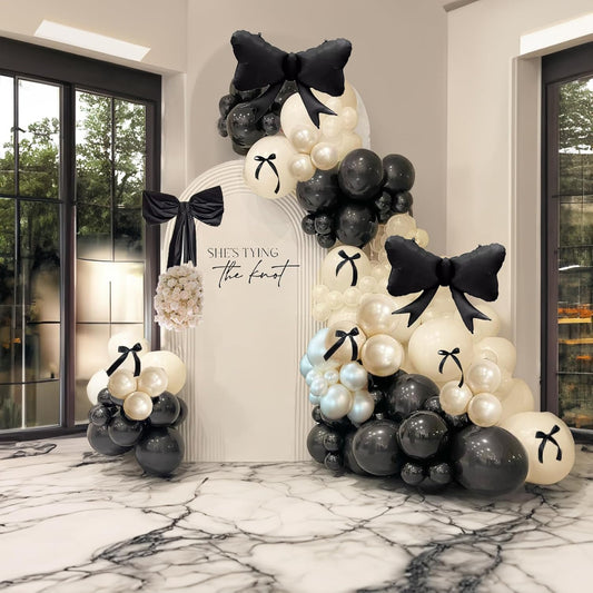 Black Bow Birthday Party Decorations - 122pcs Double Stuffed Pearl & Foil Balloons for Girls' Celebrations