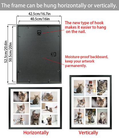 LTYHHK 4x6 Collage Picture Frame 8 Openings Solid Wood, Displays 8 Opening 4x6 with Mat or 16x20 Inch without Mat, Black Family Picture Frame Multi-Photo Set (LMK05a)