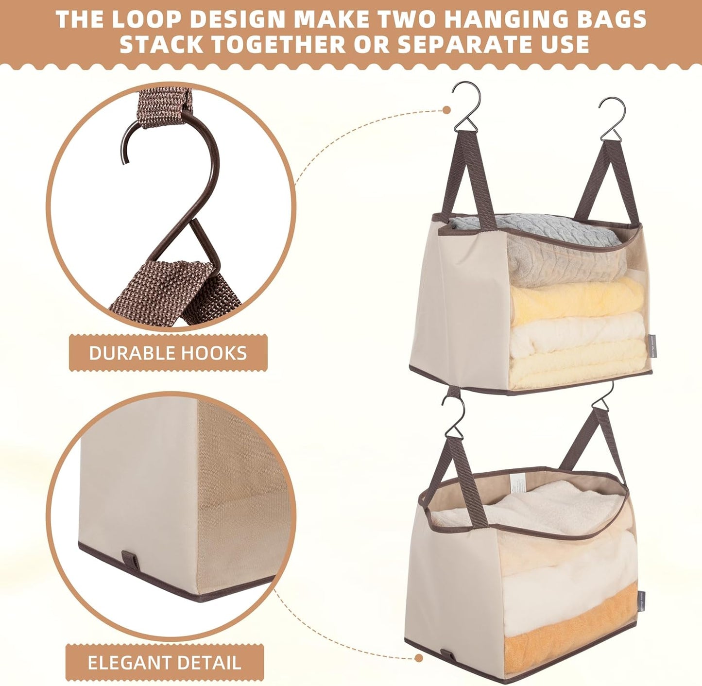 Storage Maniac 2-Shelf Hanging Closet Organizer - Canvas Shelf with Hooks for Dorms & Bedrooms | Beige