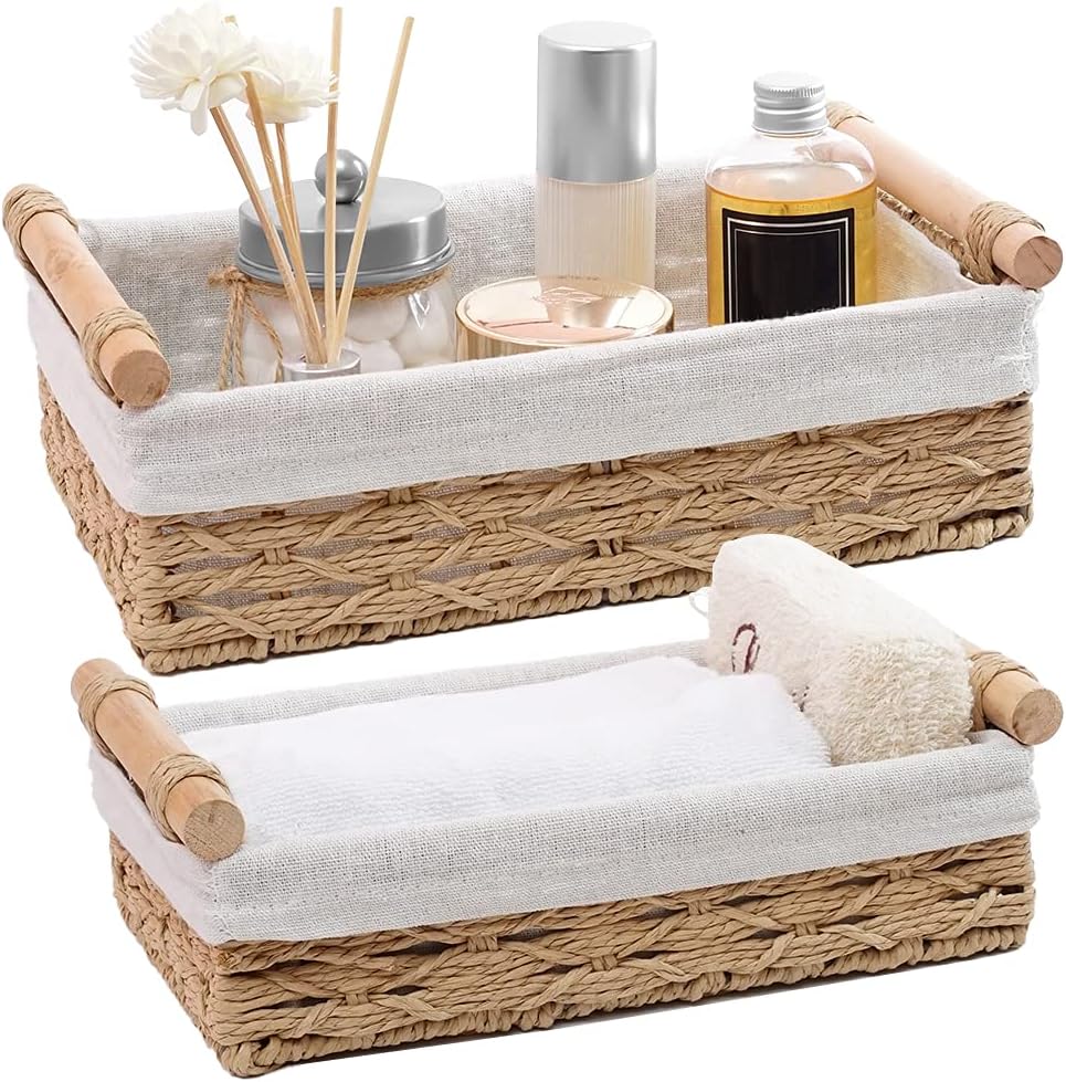 Round Paper Rope Storage Basket Set by [Brand Name] - Decorative Wicker Baskets with Handles | Organize Your Space (Set of 2, Beige)