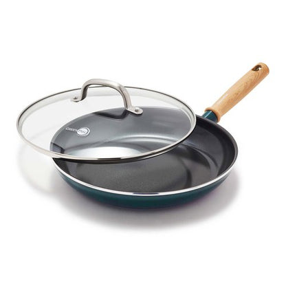 GreenPan Hudson Healthy Ceramic Nonstick, 11" Frying Pan Skillet with Lid, Vintage Wood Inspired Handle, PFAS-Free, Dishwasher Safe, Forest Green