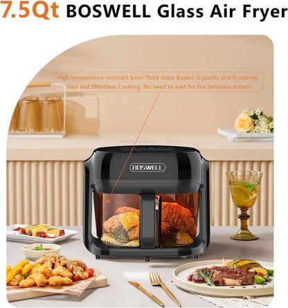 BOSWELL 7.5QT Glass Air Fryer - Transparent Fry Bowl, Circulating Heating & Temperature Control