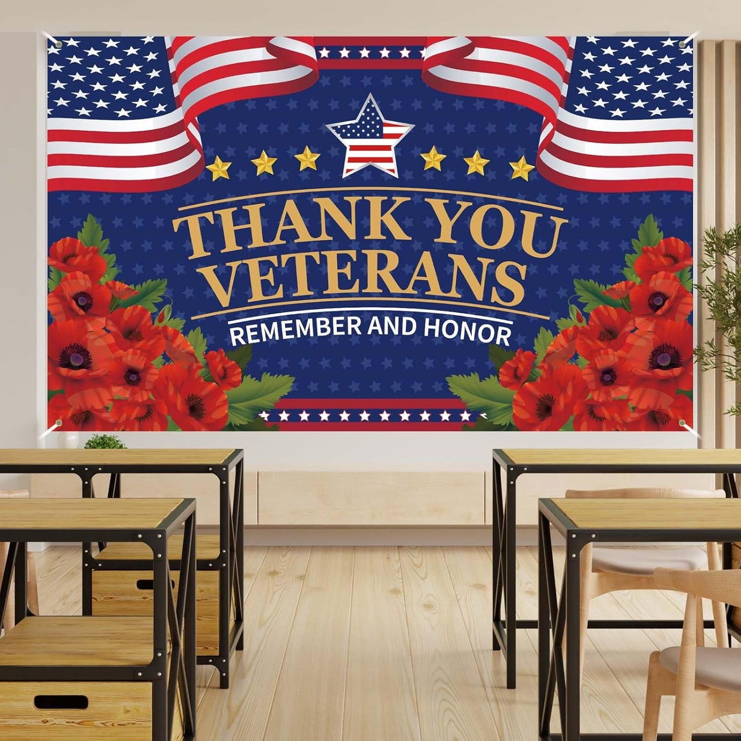 Veterans Day Decorations - Red Poppies Thank You Banner | Patriotic Fourth of July Backdrop