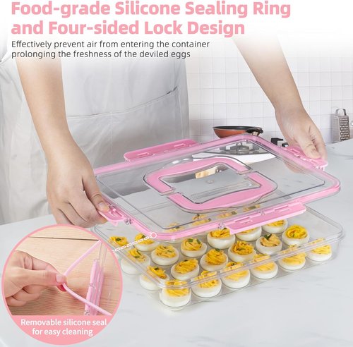 Deviled Egg Carrier by [Brand Name] - Durable Clear Plastic Storage for 24 Eggs | Stackable & Portable Pink Tray for Parties