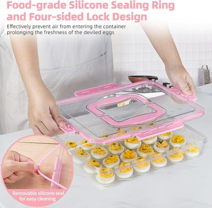 Deviled Egg Carrier by [Brand Name] - Durable Clear Plastic Storage for 24 Eggs | Stackable & Portable Pink Tray for Parties