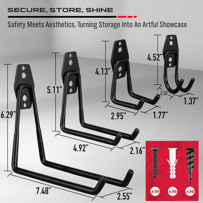 Regine Switzerland Heavy-Duty Garage Tool Storage Wall Hook Set - 15PCS Organizer for Garden Tools, Bikes & Ladders - Black