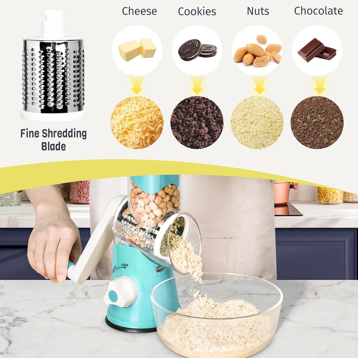 X Home Rotary Cheese Grater - 3 Interchangeable Blades for Easy Shredding | Kitchen Tool in Blue